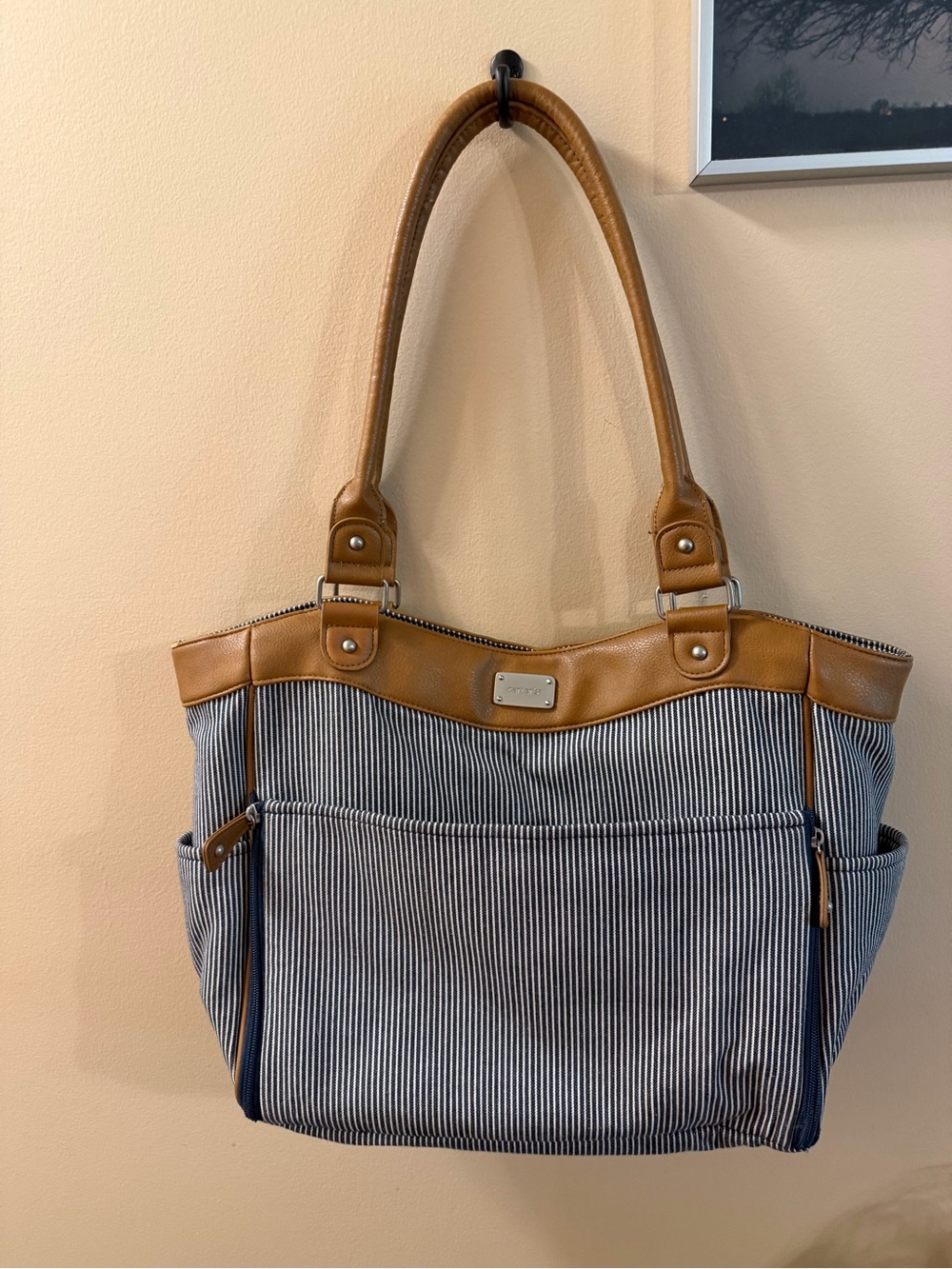 Carter’s Striped Canvas Denim Diaper Bag with Tan Trim
